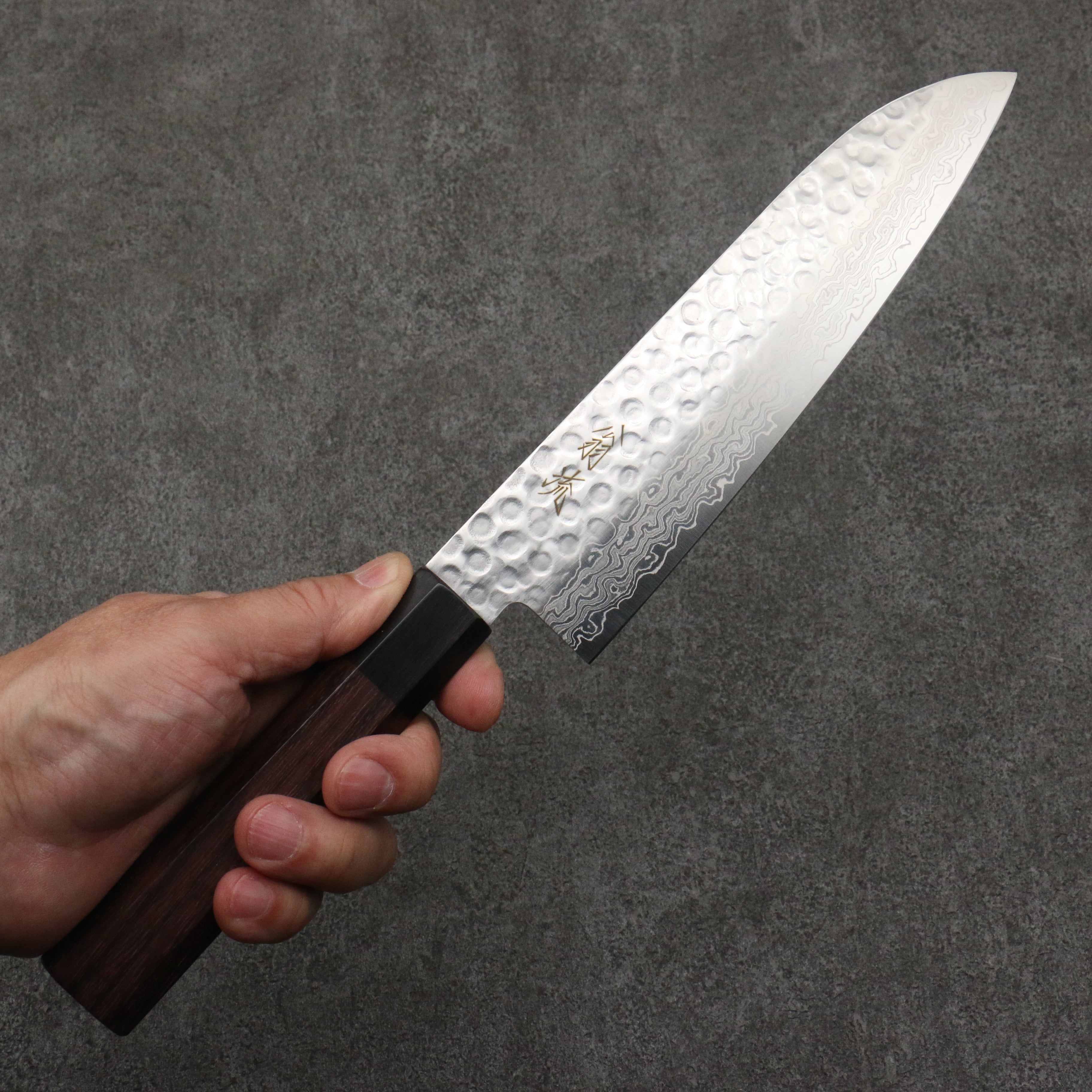 Oul AUS10 Hammered Damascus Santoku  180mm Rosewood Handle - Japanny - Best Japanese Knife