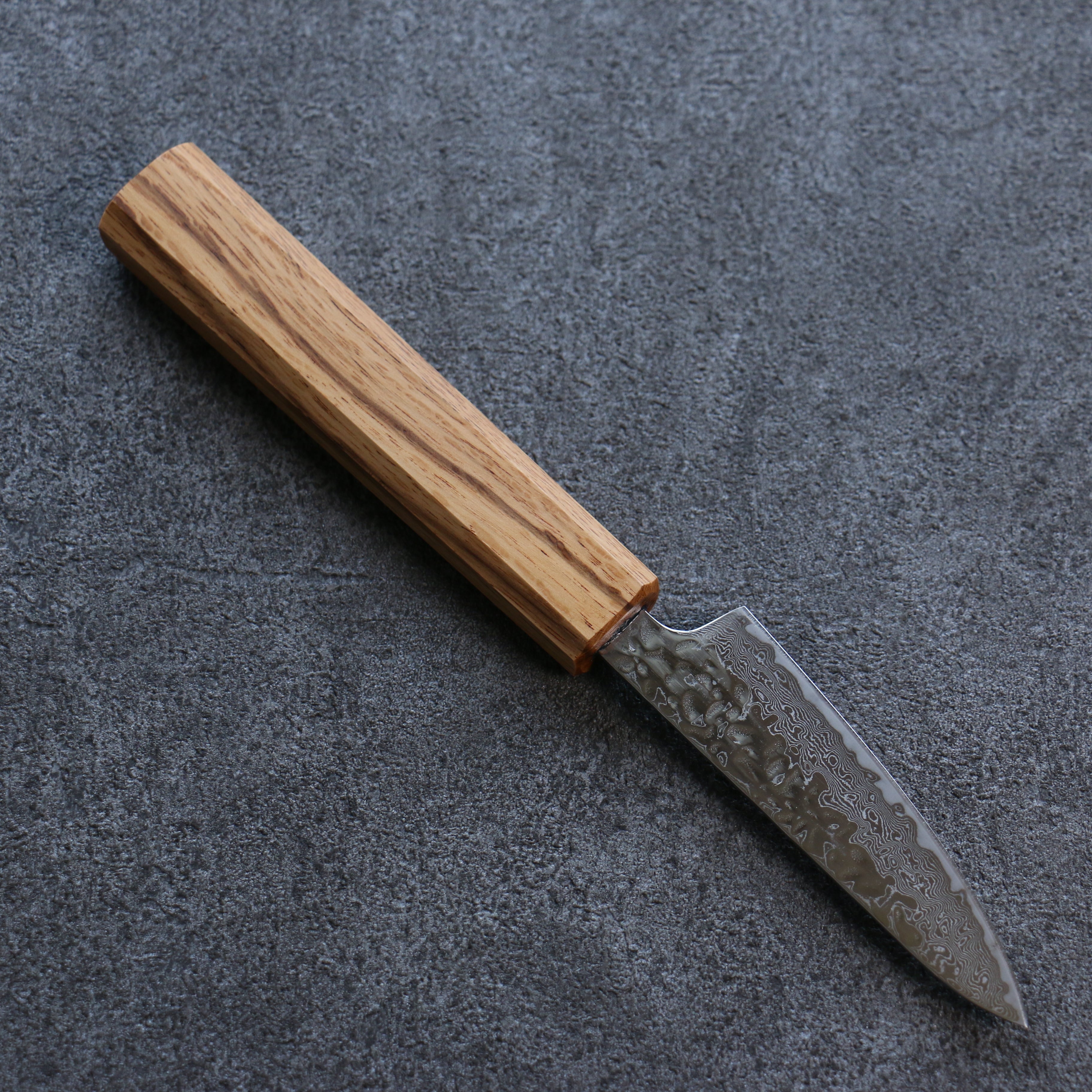 Seisuke Tsukikage AUS10 Migaki Finished Hammered Damascus Petty-Utility 80mm Oak Handle - Japanny - Best Japanese Knife