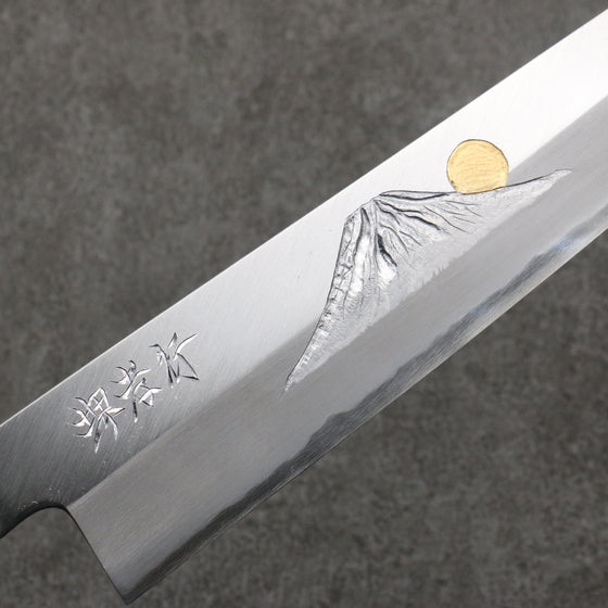 Sakai Takayuki Gold Filled Engraving by Kubota Fuji and Sunset Blue Steel No.2 Kiritsuke Gyuto  240mm Magnolia  (Ferrule: Water Buffalo Horn) Handle - Japanny - Best Japanese Knife