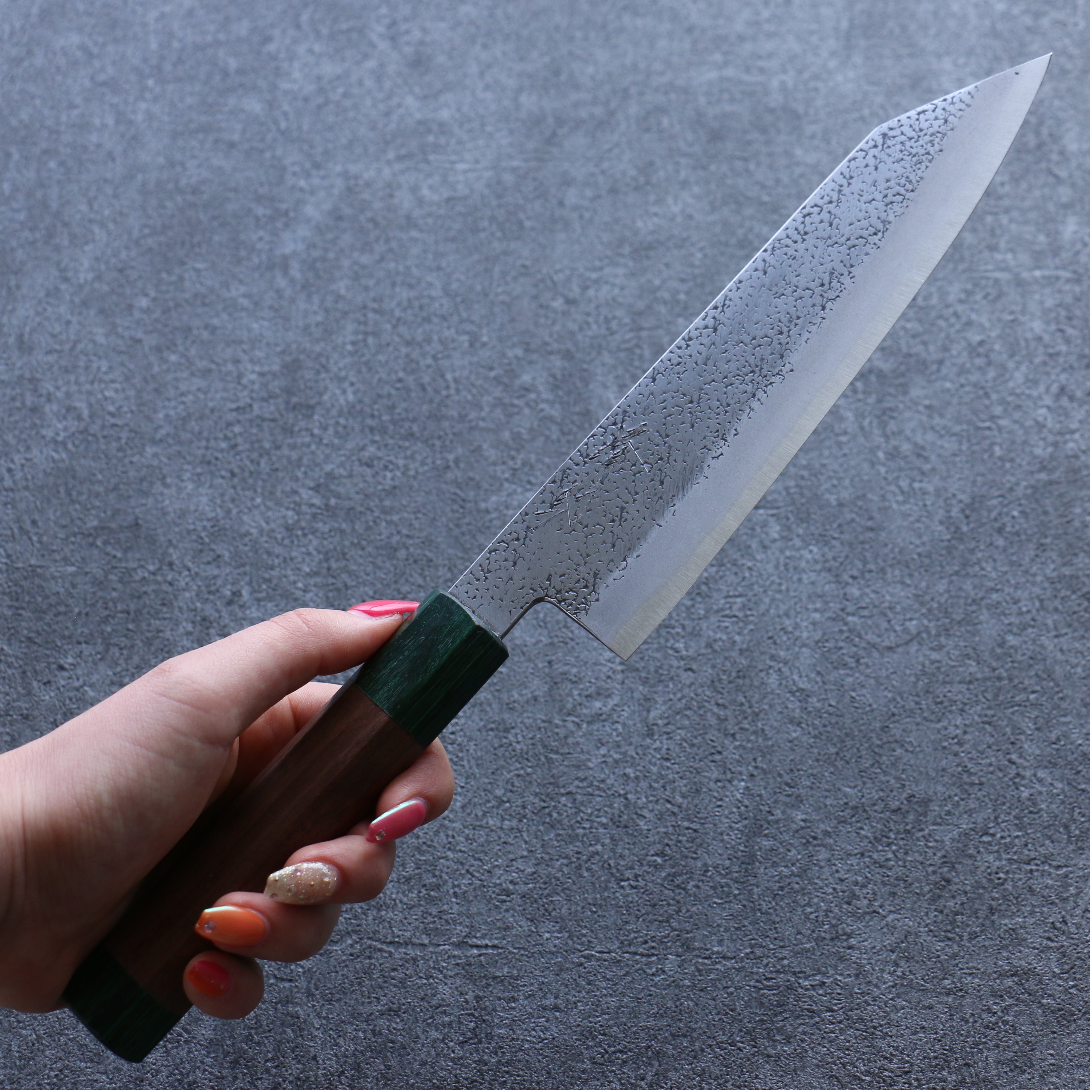 Seisuke Blue Super Hammered Bunka 185mm Walnut (With Double Green Pakka wood) Handle - Japanny - Best Japanese Knife