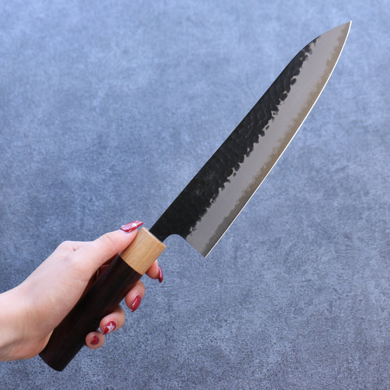 Seisuke Shitan Blue Super Hammered Kurouchi Gyuto 210mm Shitan Handle - Japanny - Best Japanese Knife