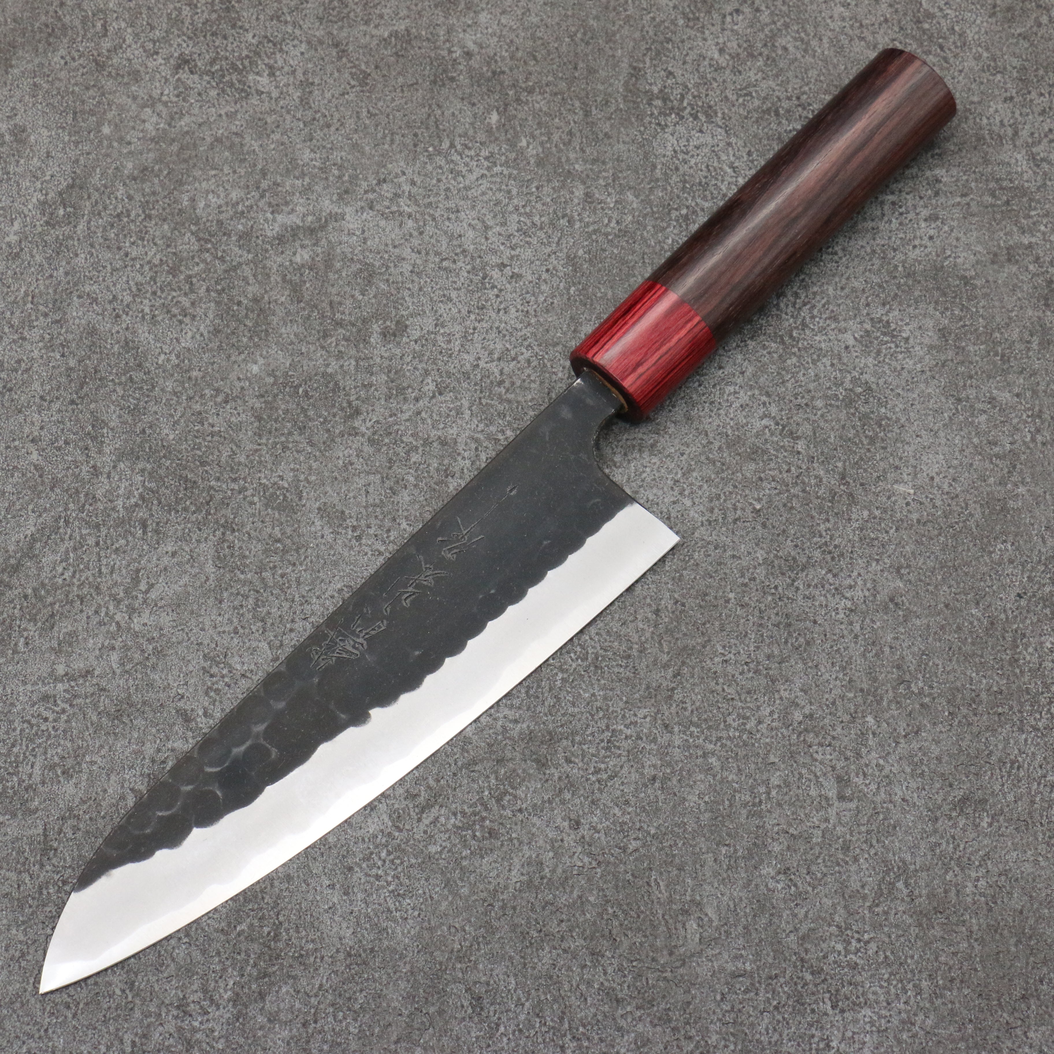 Nao Yamamoto Blue Steel Kurouchi Gyuto 180mm Shitan (ferrule: Red Pakka wood) Handle - Japanny - Best Japanese Knife