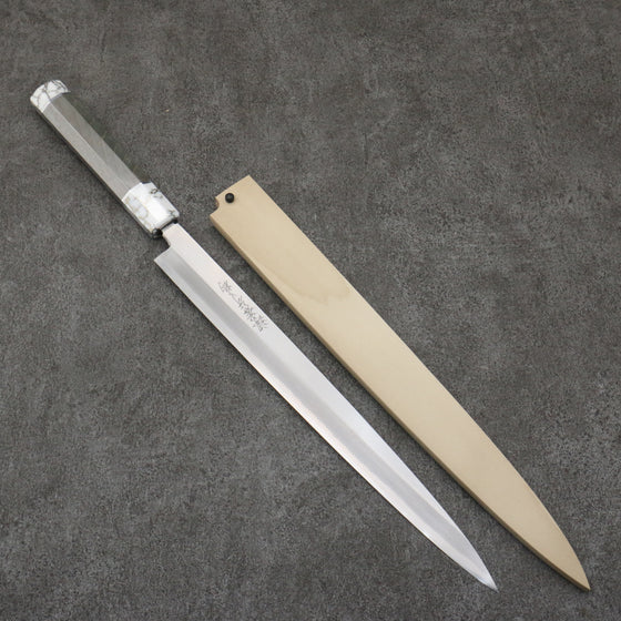 Sakai Takayuki Chef Series Silver Steel No.3 Fuguhiki  300mm Stabilized wood (White Ferrule and End Cap) Handle with Sheath - Japanny - Best Japanese Knife