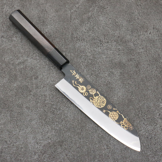 Sakai Takayuki Gold Filled Engraving by Kubota Temari White Steel No.2 Black Finished Santoku  180mm Ebony Wood Handle - Japanny - Best Japanese Knife