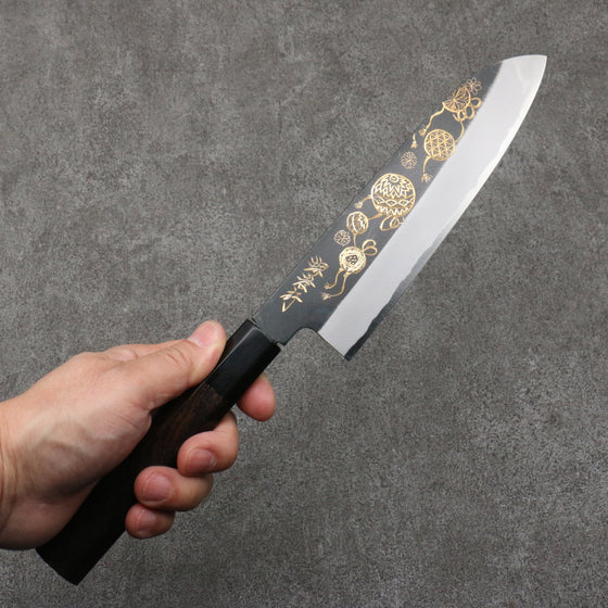 Sakai Takayuki Gold Filled Engraving by Kubota Temari White Steel No.2 Black Finished Santoku  180mm Ebony Wood Handle - Japanny - Best Japanese Knife