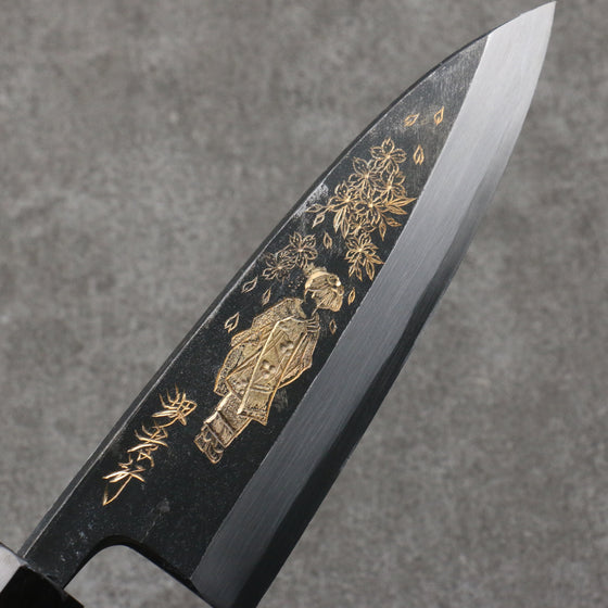 Sakai Takayuki Gold Filled Engraving by Kubota Maiko and Sakura White Steel No.2 Black Finished Deba  150mm Ebony Wood Handle - Japanny - Best Japanese Knife