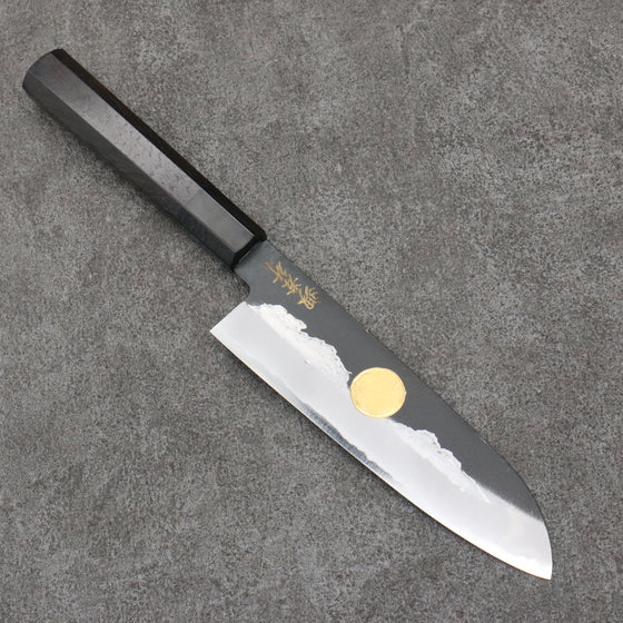 Sakai Takayuki Gold Filled Engraving by Kubota Jyurokuya White Steel No.2 Black Finished Santoku  180mm Ebony Wood Handle - Japanny - Best Japanese Knife