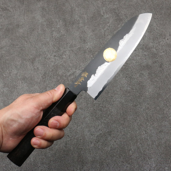 Sakai Takayuki Gold Filled Engraving by Kubota Jyurokuya White Steel No.2 Black Finished Santoku  180mm Ebony Wood Handle - Japanny - Best Japanese Knife