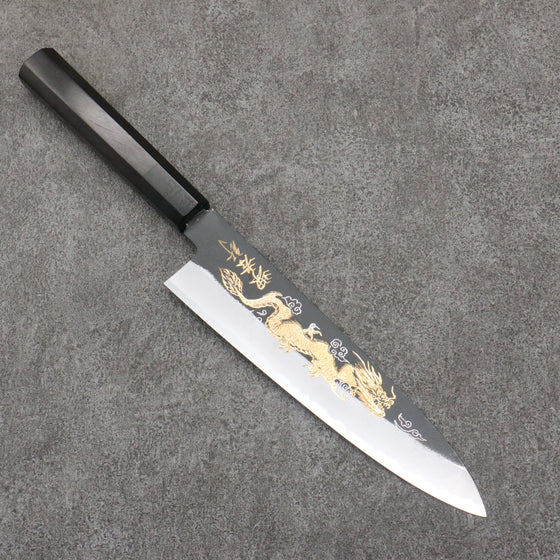 Sakai Takayuki Gold Filled Engraving by Kubota Unryu White Steel No.2 Black Finished Gyuto  210mm Ebony Wood Handle - Japanny - Best Japanese Knife