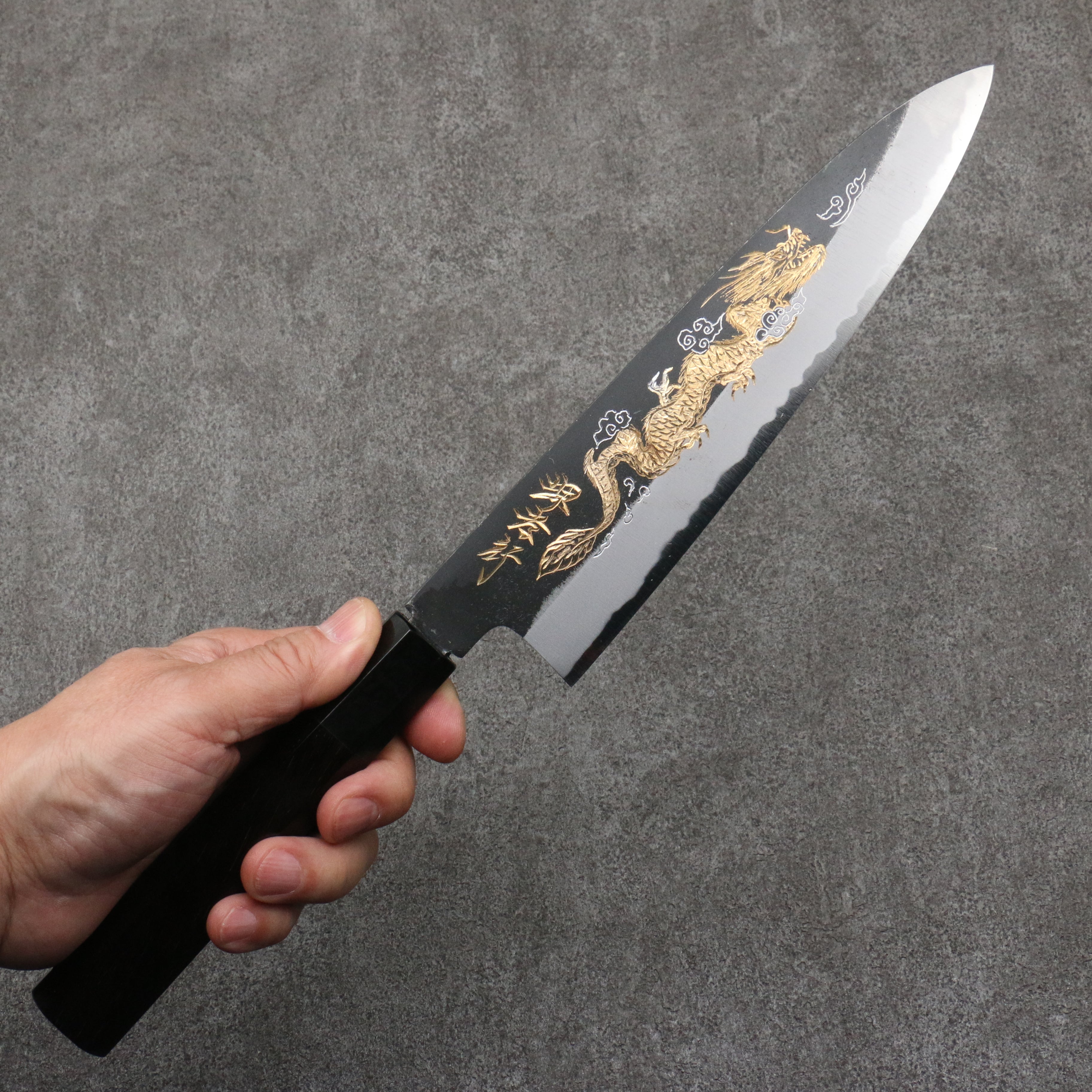 Sakai Takayuki Gold Filled Engraving by Kubota Unryu White Steel No.2 Black Finished Gyuto  210mm Ebony Wood Handle - Japanny - Best Japanese Knife