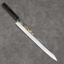  Sakai Takayuki Gold Filled Engraving by Kubota Kinryu White Steel No.2 Black Finished Yanagiba  300mm Ebony Wood Handle - Japanny - Best Japanese Knife