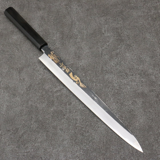 Sakai Takayuki Gold Filled Engraving by Kubota Kinryu White Steel No.2 Black Finished Yanagiba  300mm Ebony Wood Handle - Japanny - Best Japanese Knife