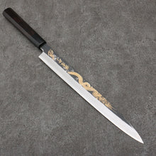  Sakai Takayuki Gold Filled Engraving by Kubota Tenryu White Steel No.2 Black Finished Yanagiba  300mm Ebony Wood Handle - Japanny - Best Japanese Knife