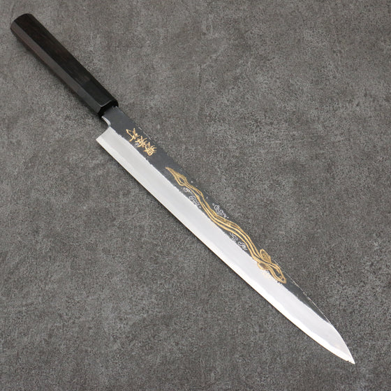 Sakai Takayuki Gold Filled Engraving by Kubota Unagi White Steel No.2 Black Finished Yanagiba  300mm Ebony Wood Handle - Japanny - Best Japanese Knife