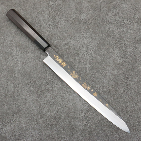 Sakai Takayuki Gold Filled Engraving by Kubota Sakura White Steel No.2 Black Finished Yanagiba  240mm Ebony Wood Handle - Japanny - Best Japanese Knife