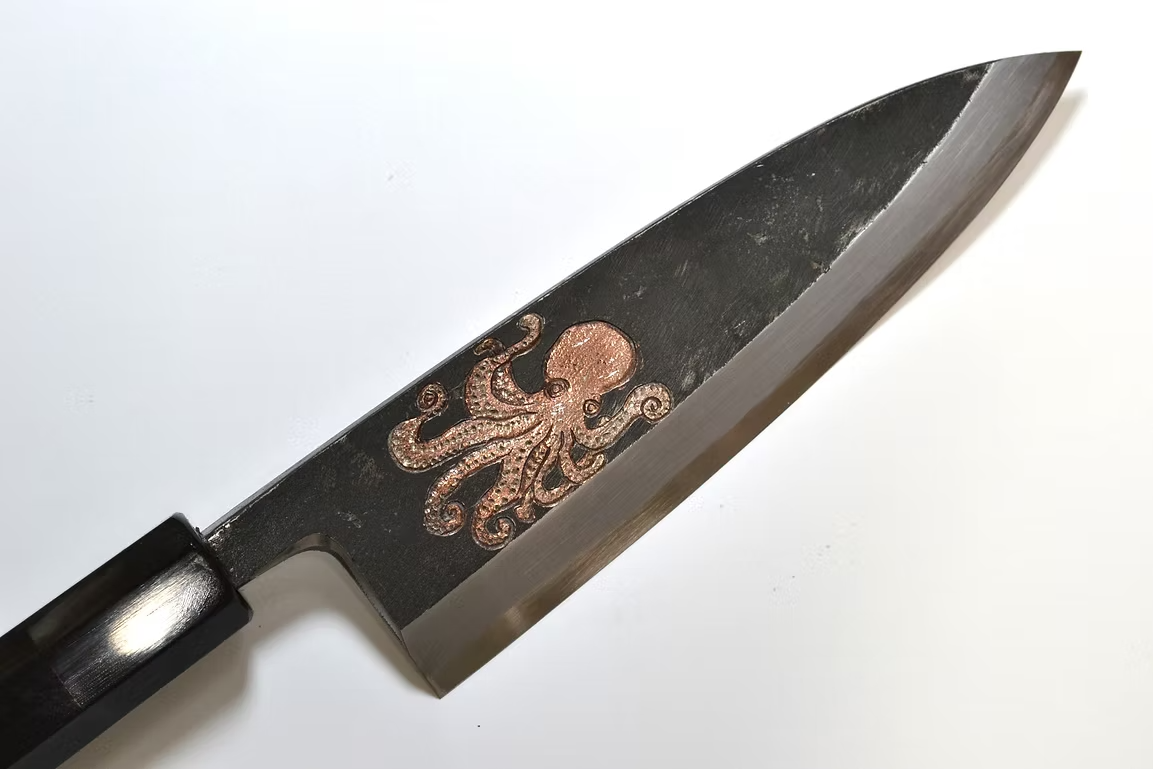 Sakai Takayuki Metal Decorated Engraving by Kubota Octopus White Steel No.2 Black Finished Deba 165mm Ebony Wood (ferrule: Black Water Buffalo Horn And Silver Ring) Handle