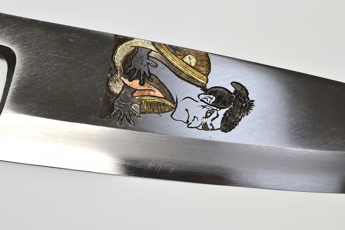 Sakai Takayuki Metal Decorated Engraving by Kubota Ukiyoe - Male White Steel Kasumitogi Deba 210mm Magnolia (Ferrule: Water Buffalo Horn) Handle