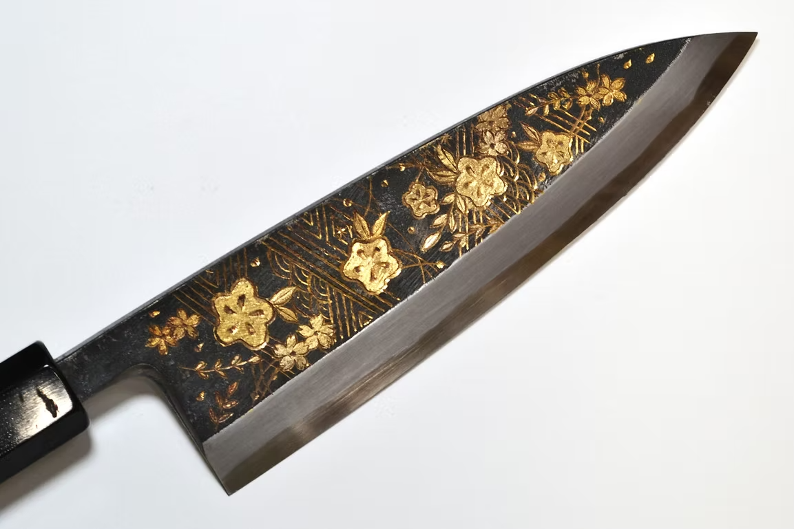Sakai Takayuki Gold Filled Engraving by Kubota Karyū White Steel No.2 Black Finished Deba 165mm Ebony Wood (ferrule: Black Water Buffalo Horn And Silver Ring) Handle