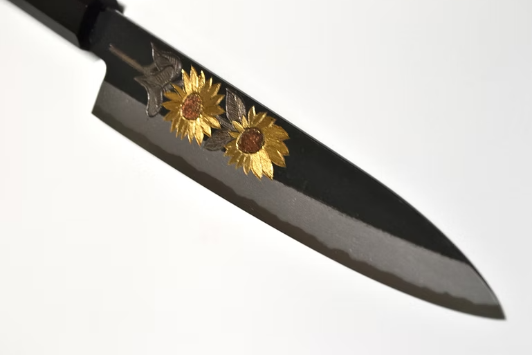 Sakai Takayuki Metal Decorated Engraving by Kubota Sunflower White Steel No.2 Black Finished Petty-Utility 150mm Ebony Wood (ferrule: Black Water Buffalo Horn And Silver Ring) Handle