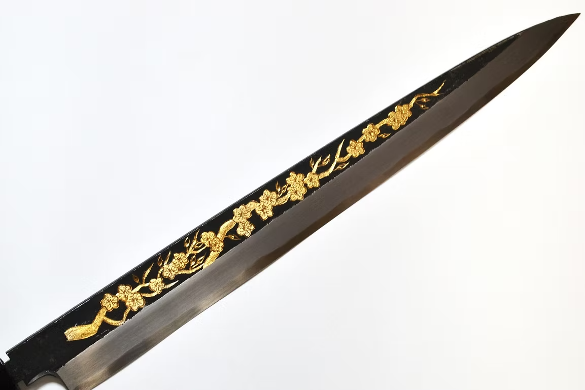Sakai Takayuki Gold Filled Engraving by Kubota Plum White Steel No.2 Black Finished Yanagiba 270mm Ebony Wood (ferrule: Black Water Buffalo Horn And Silver Ring) Handle