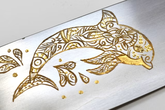 Sakai Takayuki Gold Filled Engraving by Kubota Dolphin Silver Steel No.3 Santoku 180mm Ebony Wood (ferrule: Black Water Buffalo Horn And Silver Ring) Handle