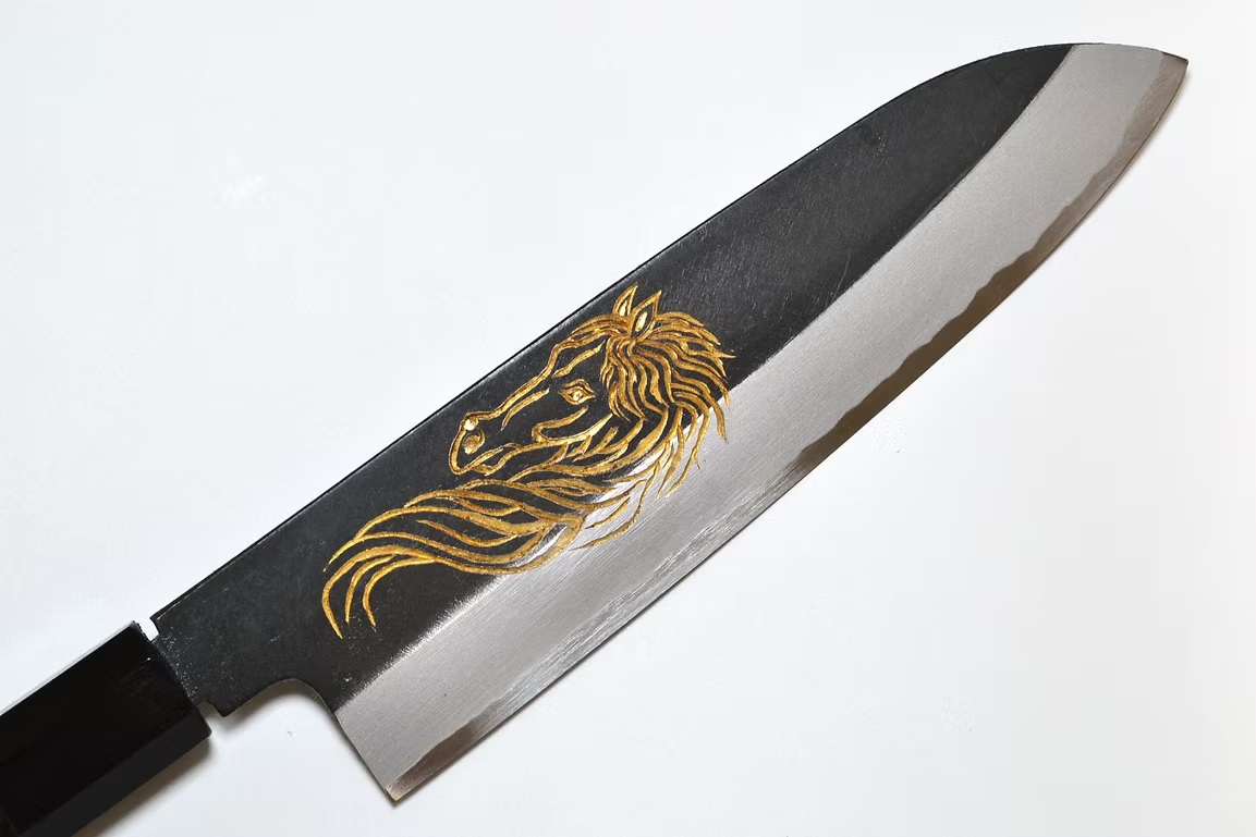 Sakai Takayuki Gold Filled Engraving by Kubota Celestial Horse White Steel No.2 Black Finished Santoku 180mm Ebony Wood (ferrule: Black Water Buffalo Horn And Silver Ring) Handle