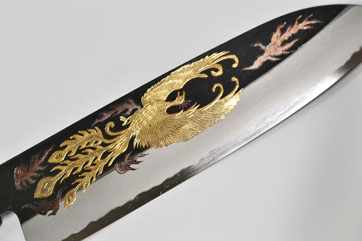Sakai Takayuki Metal Decorated Engraving by Kubota Phoenix White Steel No.2 Black Finished Santoku 180mm Ebony Wood (ferrule: Black Water Buffalo Horn And Silver Ring) Handle