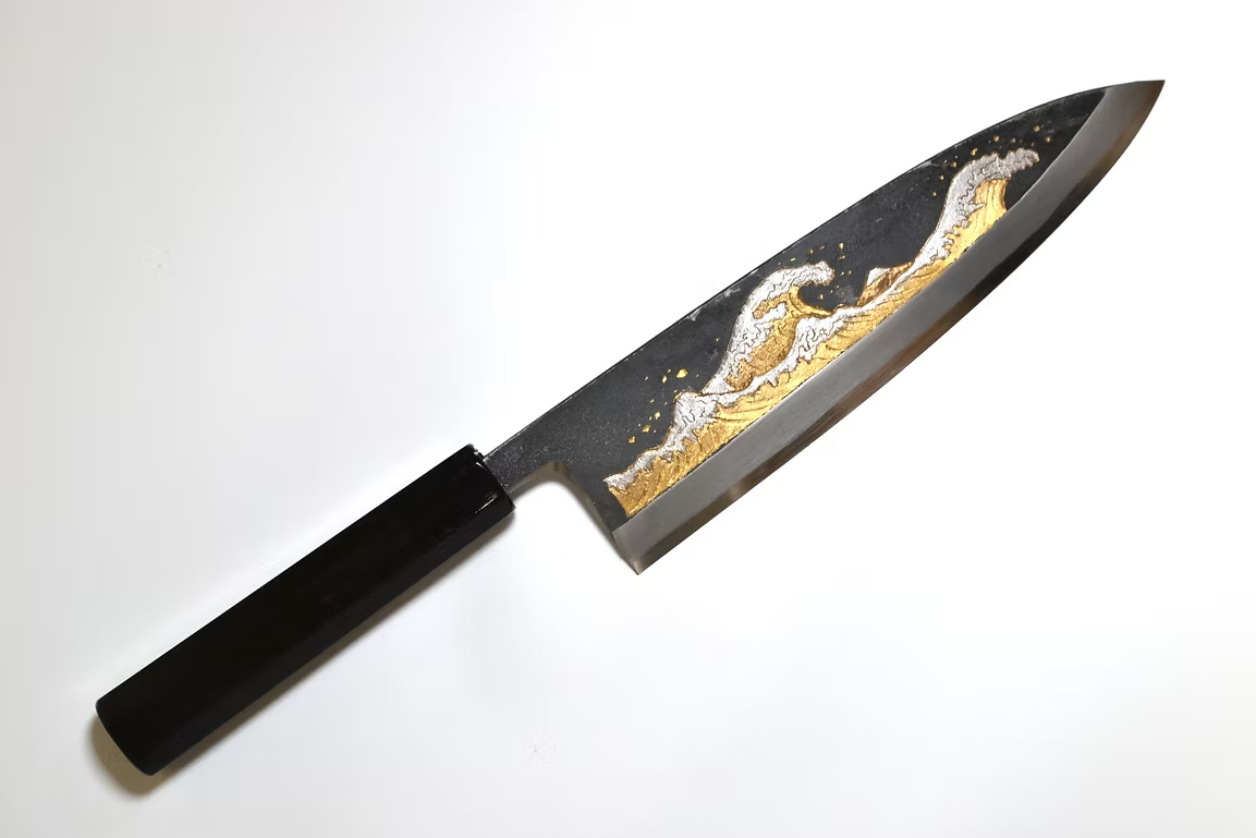 Sakai Takayuki Gold Filled Engraving by Kubota The Great Wave White Steel No.2 Black Finished Deba 240mm Ebony Wood (ferrule: Black Water Buffalo Horn And Silver Ring) Handle
