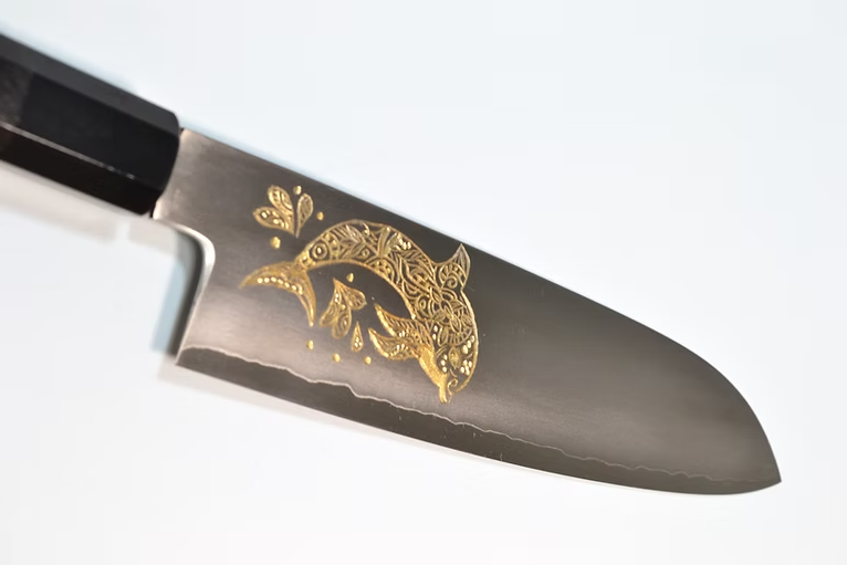 Sakai Takayuki Gold Filled Engraving by Kubota Dolphin Silver Steel No.3 Santoku 180mm Ebony Wood (ferrule: Black Water Buffalo Horn And Silver Ring) Handle