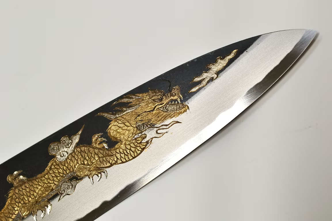 Sakai Takayuki Metal Decorated Engraving by Kubota Un ryū White Steel No.2 Black Finished Gyuto 240mm Ebony Wood (ferrule: Black Water Buffalo Horn And Silver Ring) Handle