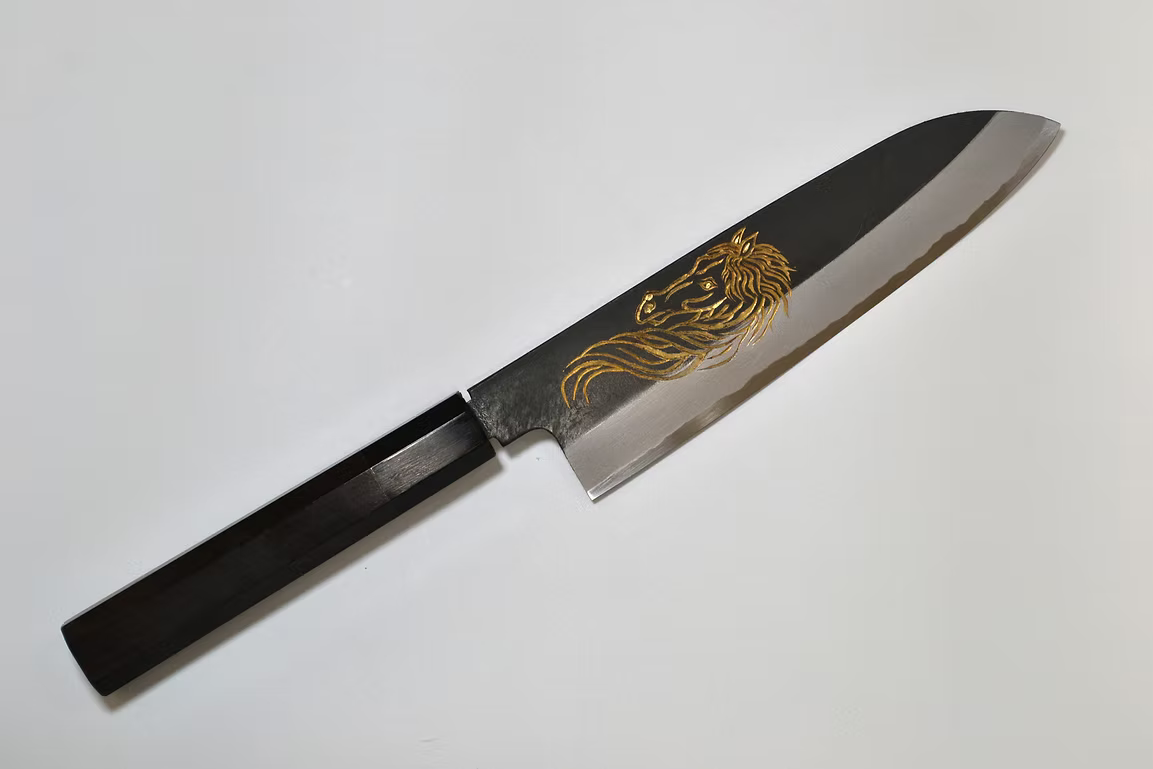Sakai Takayuki Gold Filled Engraving by Kubota Celestial Horse White Steel No.2 Black Finished Santoku 180mm Ebony Wood (ferrule: Black Water Buffalo Horn And Silver Ring) Handle