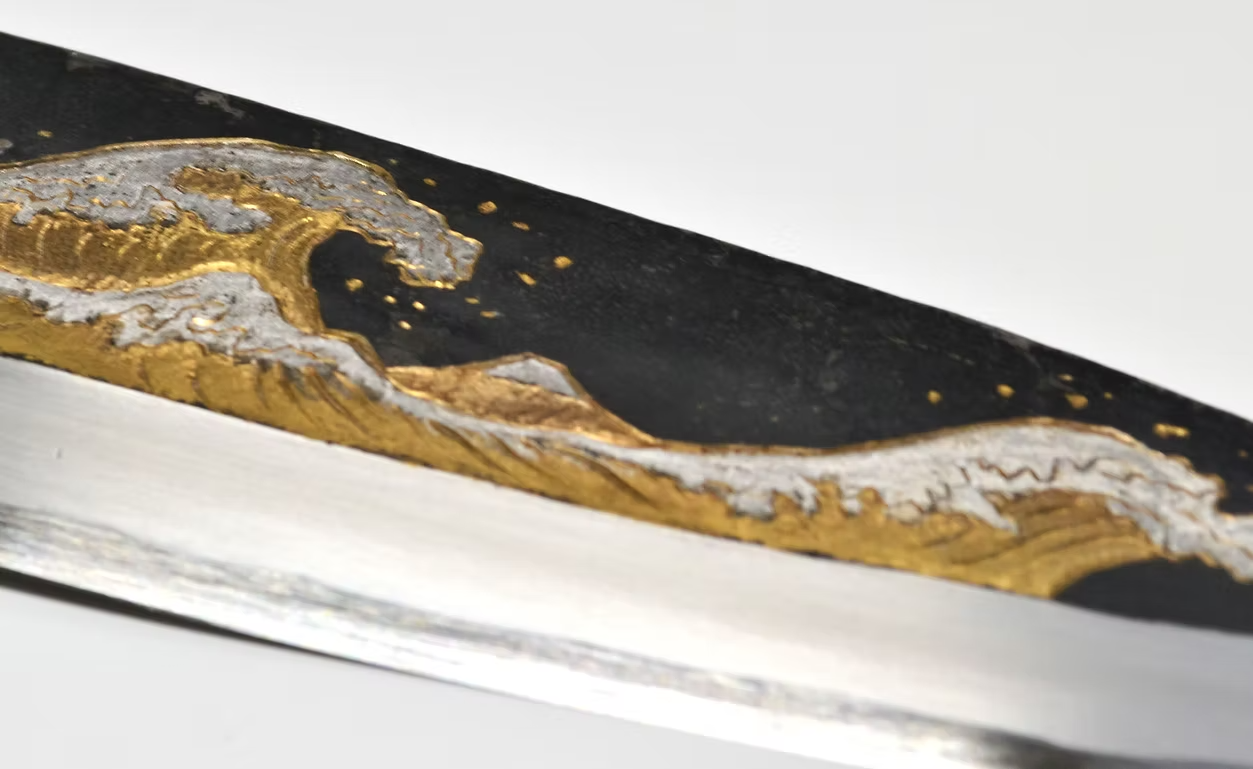 Sakai Takayuki Gold Filled Engraving by Kubota The Great Wave White Steel No.2 Black Finished Deba 240mm Ebony Wood (ferrule: Black Water Buffalo Horn And Silver Ring) Handle