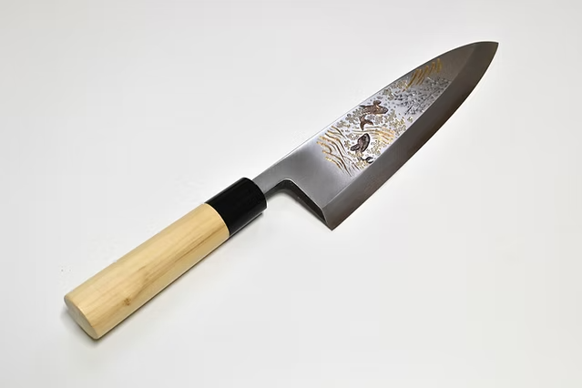 Sakai Takayuki Metal Decorated Engraving by Kubota Ascend of Koi White Steel Kasumitogi Deba 240mm Magnolia (Ferrule: Water Buffalo Horn) Handle