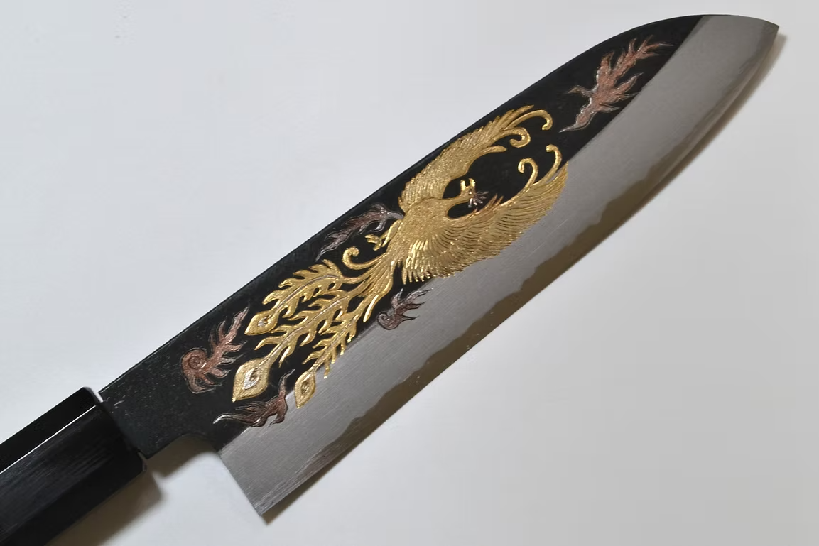Sakai Takayuki Metal Decorated Engraving by Kubota Phoenix White Steel No.2 Black Finished Santoku 180mm Ebony Wood (ferrule: Black Water Buffalo Horn And Silver Ring) Handle