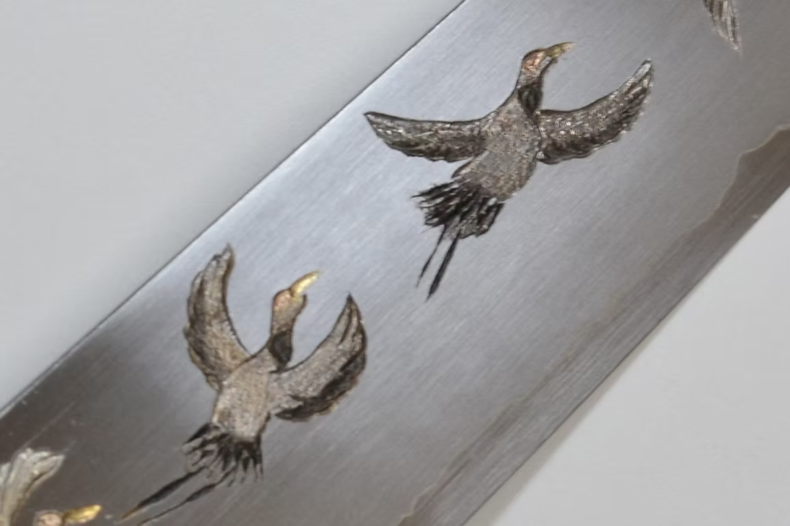 Sakai Takayuki Metal Decorated Engraving by Kubota Flock of cranes Silver Steel No.3 Sujihiki 270mm Ebony Wood (ferrule: Black Water Buffalo Horn And Silver Ring) Handle