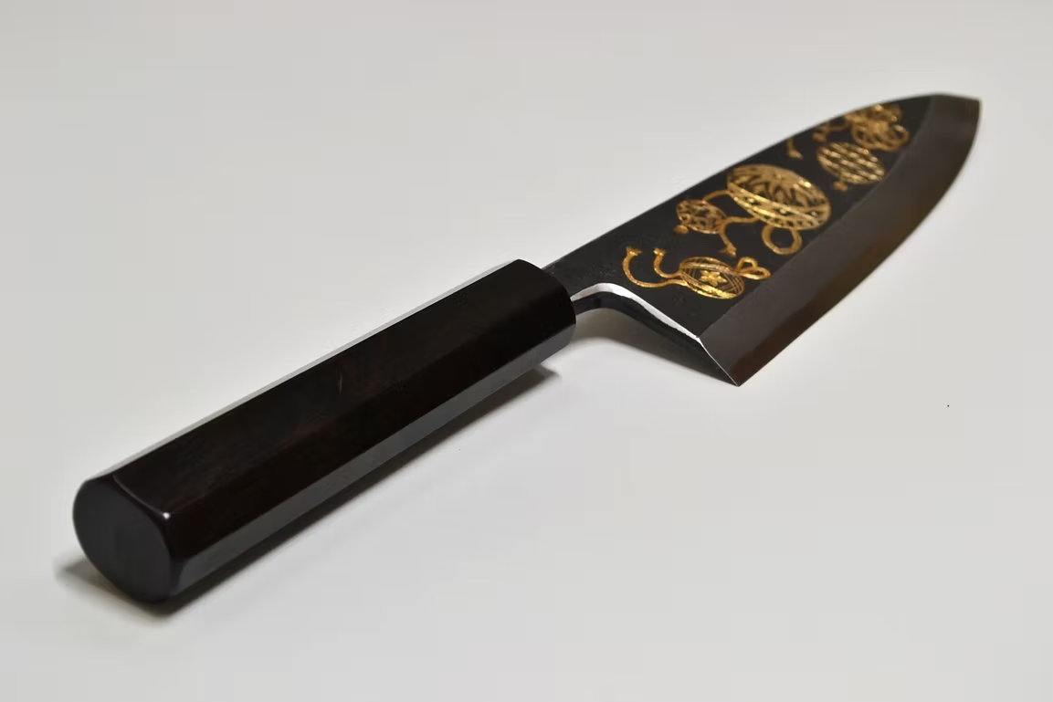 Sakai Takayuki Gold Filled Engraving by Kubota Temari White Steel No.2 Black Finished Deba 165mm Ebony Wood (ferrule: Black Water Buffalo Horn And Silver Ring) Handle