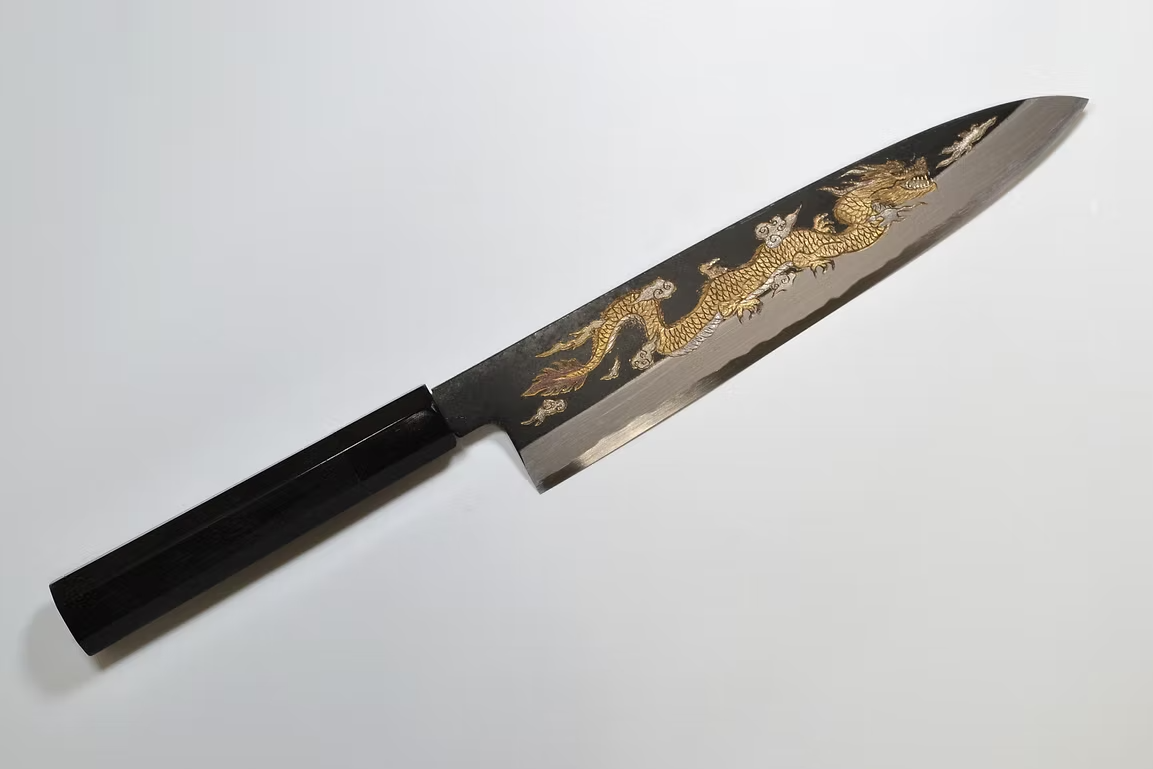 Sakai Takayuki Metal Decorated Engraving by Kubota Un ryū White Steel No.2 Black Finished Gyuto 240mm Ebony Wood (ferrule: Black Water Buffalo Horn And Silver Ring) Handle