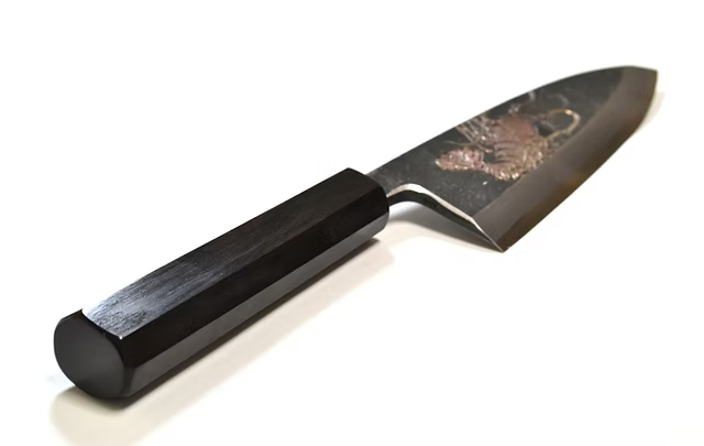 Sakai Takayuki Metal Decorated Engraving by Kubota Lobster White Steel No.2 Black Finished Deba 165mm Ebony Wood (ferrule: Black Water Buffalo Horn And Silver Ring) Handle