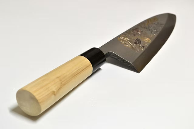 Sakai Takayuki Metal Decorated Engraving by Kubota Ascend of Koi White Steel Kasumitogi Deba 240mm Magnolia (Ferrule: Water Buffalo Horn) Handle
