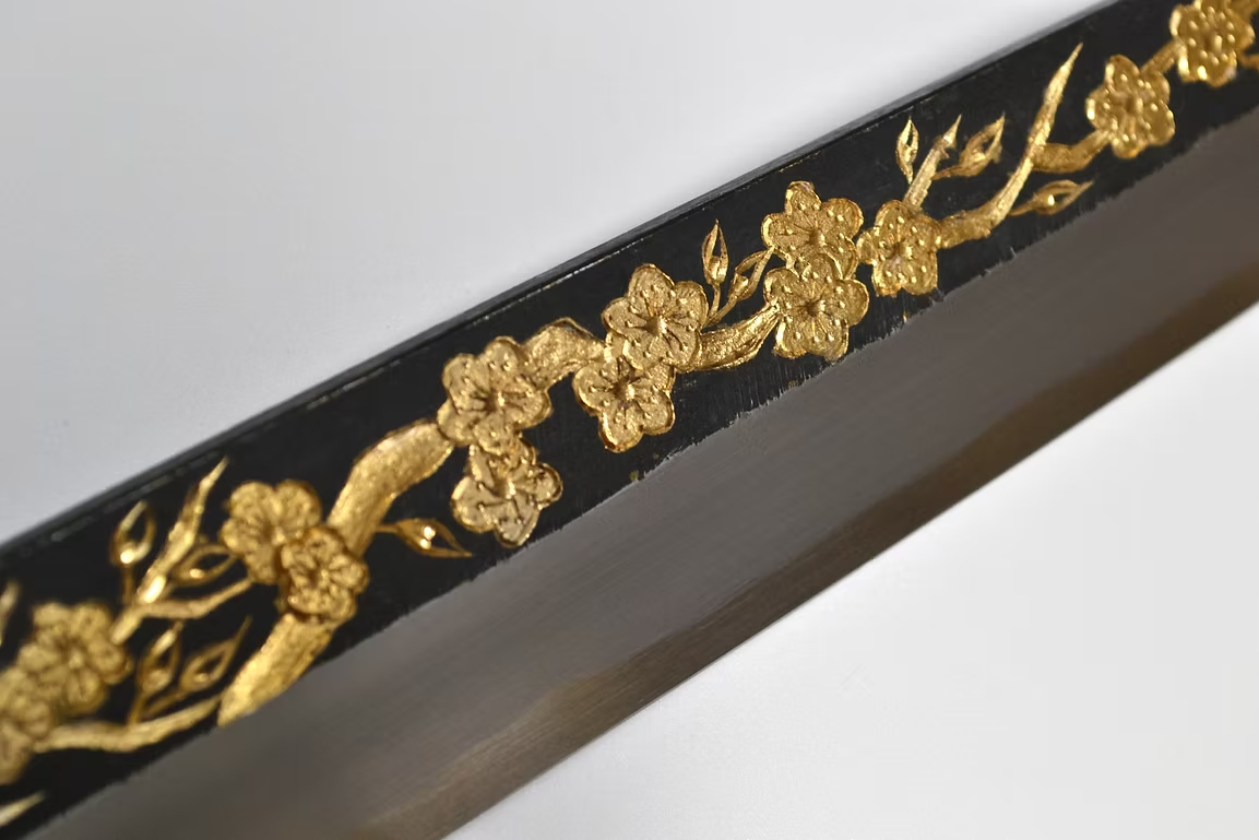 Sakai Takayuki Gold Filled Engraving by Kubota Plum White Steel No.2 Black Finished Yanagiba 270mm Ebony Wood (ferrule: Black Water Buffalo Horn And Silver Ring) Handle