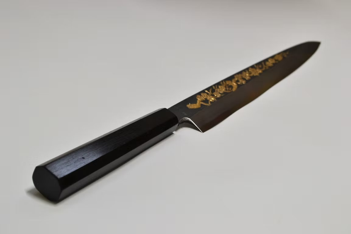 Sakai Takayuki Gold Filled Engraving by Kubota Plum White Steel No.2 Black Finished Yanagiba 270mm Ebony Wood (ferrule: Black Water Buffalo Horn And Silver Ring) Handle