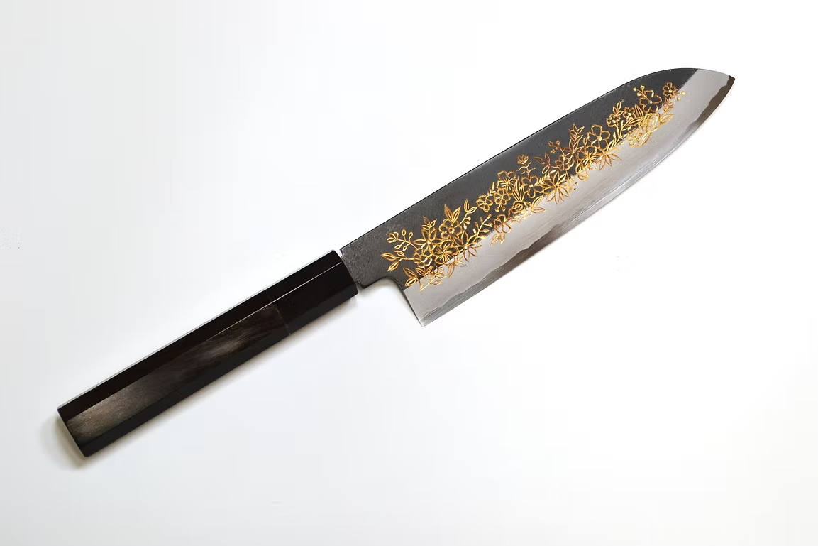 Sakai Takayuki Gold Filled Engraving by Kubota Flower garden White Steel No.2 Black Finished Santoku 180mm Ebony Wood (ferrule: Black Water Buffalo Horn And Silver Ring) Handle
