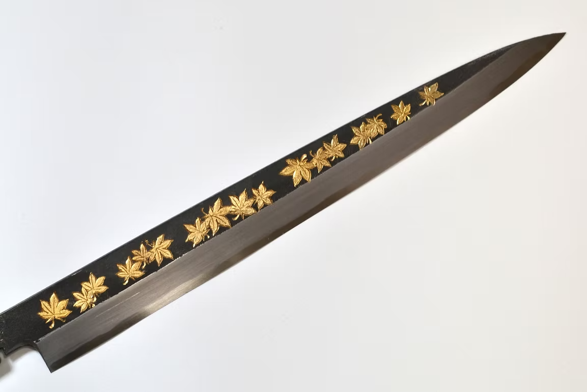 Sakai Takayuki Gold Filled Engraving by Kubota Maple White Steel No.2 Black Finished Yanagiba 270mm Ebony Wood (ferrule: Black Water Buffalo Horn And Silver Ring) Handle