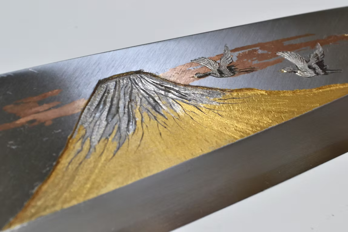 Sakai Takayuki Metal Decorated Engraving by Kubota Mt. Fuji and Cranes White Steel Kasumitogi Deba 240mm Magnolia (Ferrule: Water Buffalo Horn) Handle