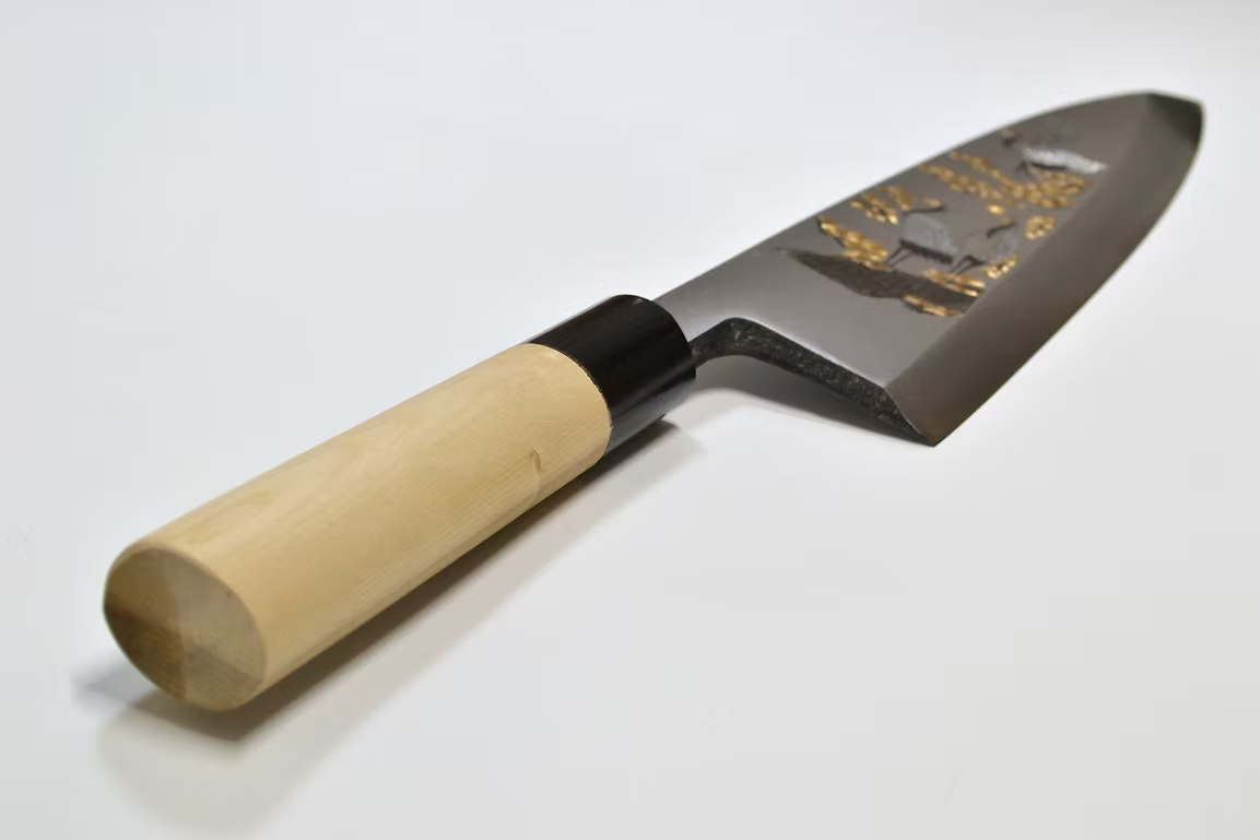 Sakai Takayuki Metal Decorated Engraving by Kubota Syōkaku White Steel Kasumitogi Deba 240mm Magnolia (Ferrule: Water Buffalo Horn) Handle