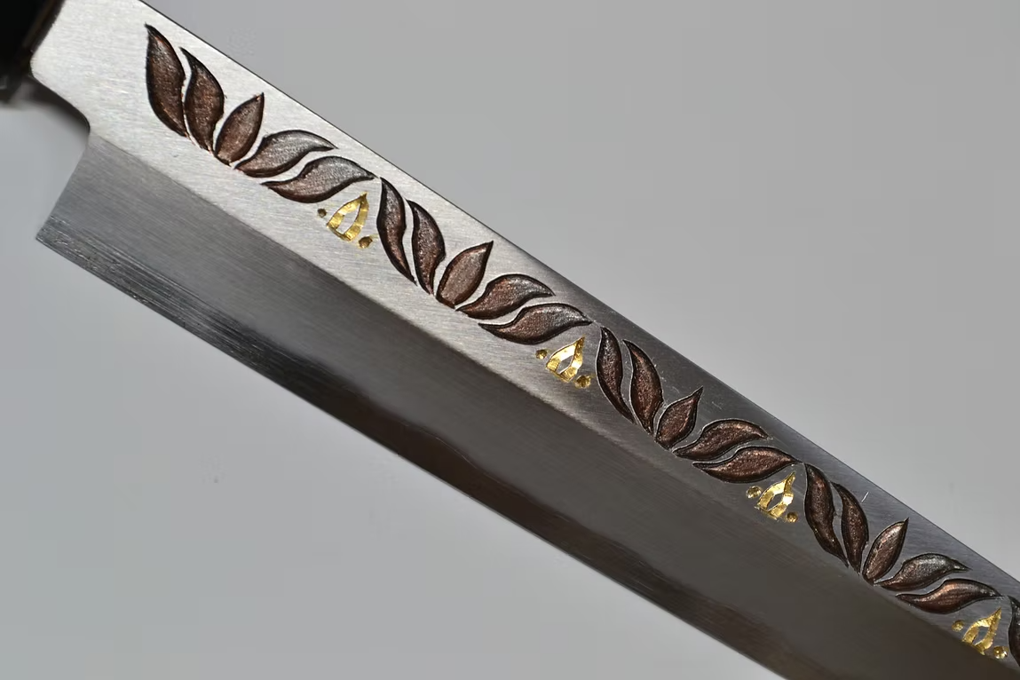 Sakai Takayuki Metal Decorated Engraving by Kubota Lotus White Steel Kasumitogi Yanagiba 270mm Magnolia (Ferrule: Water Buffalo Horn) Handle