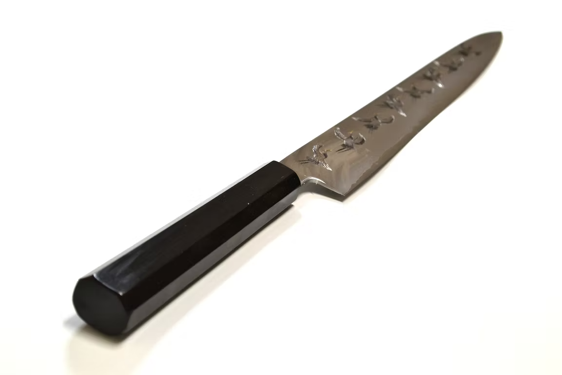 Sakai Takayuki Metal Decorated Engraving by Kubota Flock of cranes Silver Steel No.3 Sujihiki 270mm Ebony Wood (ferrule: Black Water Buffalo Horn And Silver Ring) Handle
