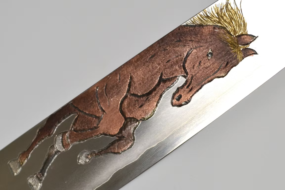 Sakai Takayuki Metal Decorated Engraving by Kubota Prancing Horse Silver Steel No.3 Gyuto 240mm Ebony Wood (ferrule: Black Water Buffalo Horn And Silver Ring) Handle