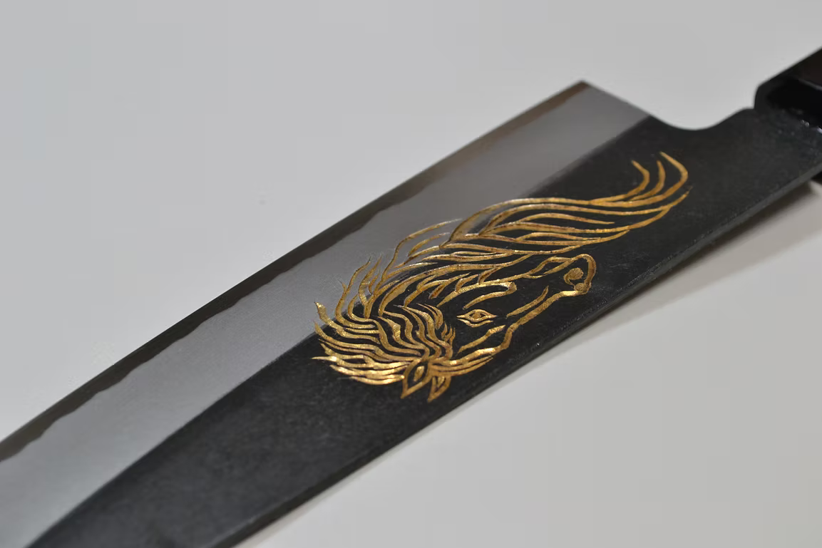 Sakai Takayuki Gold Filled Engraving by Kubota Celestial Horse White Steel No.2 Black Finished Santoku 180mm Ebony Wood (ferrule: Black Water Buffalo Horn And Silver Ring) Handle