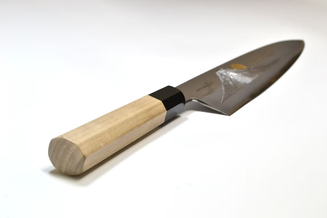 Sakai Takayuki Gold Filled Engraving by Kubota Sunset over Mt. Fuji Blue Steel No.2 Gyuto 240mm Magnolia (Ferrule: Water Buffalo Horn) Handle